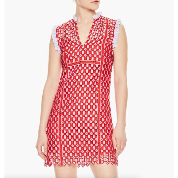SANDRO Anaele Crochet Lace Ruffle Dress Red Purple {FF27} - Picture 2 of 8